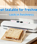 Bread sealed in clear bag with a vacuum sealer, demonstrating freshness preservation on kitchen counter.