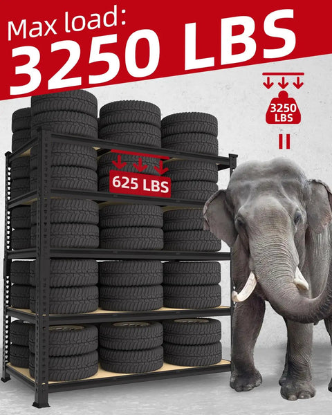 Beefy Heavy Duty Garage Storage Shelves Five Tier Metal Rack With 650 Lbs Per Shelf And 3250 Lbs Total Load Capacity Powder Coated Steel Frame With Thickened Wood Boards For Garage And Workshop, holding stacked tires