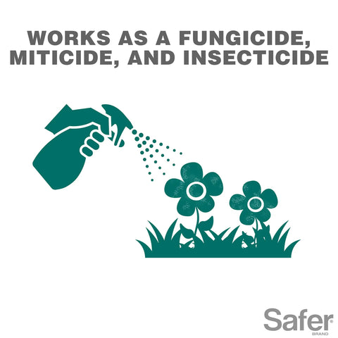 Illustration of spraying flowers, text 'Works as a fungicide, miticide, and insecticide'; All In One Neem Oil Concentrate Garden Spray For Plants Insecticide Miticide And Fungicide Kills Pests And Fungal Diseases OMRI Listed For Organic Use 16 Oz Bottle