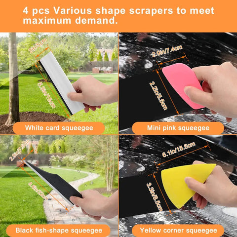 Hand using Nine Piece Car Window Tint Tools Kit With Blue Rubber Squeegee And Soft Cloth White Card Squeegee Yellow Corner Squeegee Black Fish Shape Squeegee Mini Pink Squeegee Tint Removal Blade Carving Knife And 500ml Spray Bottle For Easy Film Install tools outdoors