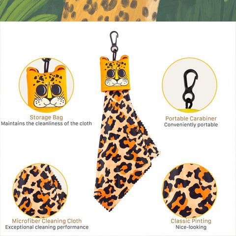 Glasses cleaning cloth set: four leopard-print microfiber cloths with orange animal-face storage pouch and carabiner