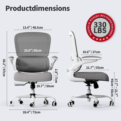 Ergonomic Mesh Office Chair With Adjustable Lumbar Support, product dimensions and weight capacity, white finish