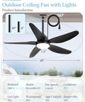 46 Inch Outdoor Ceiling Fan With Lights For Patio Gazebo IP65 Waterproof Remote Control 6 Speeds DC Motor Black