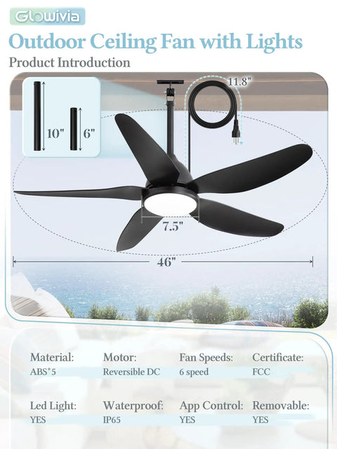 46 Inch Outdoor Ceiling Fan With Lights For Patio Gazebo IP65 Waterproof Remote Control 6 Speeds DC Motor Black