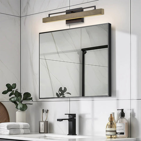 Bathroom setting with Modern Farmhouse Integrated LED Vanity Light Bar, 24W 3000K Warm White Glow, smoked birch and black above mirror