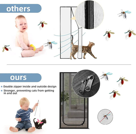 Comparison showing cat and mosquito protection with heavy duty pet screen door for door openings up to 30 by 80 inches cat proof mesh with zipper closure keeps cats from slipping out in bedroom living room kitchen u type black.