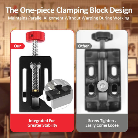 Comparison of mini drill press vise with rubber soft jaws and clamping block design highlighting stability versus a conventional vise.