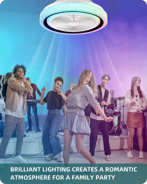 Bladeless Flush Mount Ceiling Fan With Lights And Bluetooth Speaker in a party setting, LED lighting, low profile, 19.8 inches