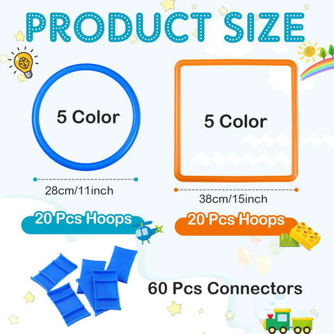 Image displaying the 20 pcs of hoops and squares from Two Sets Hopscotch Outdoor Game Kit with Hoops and Squares, size dimensions shown.