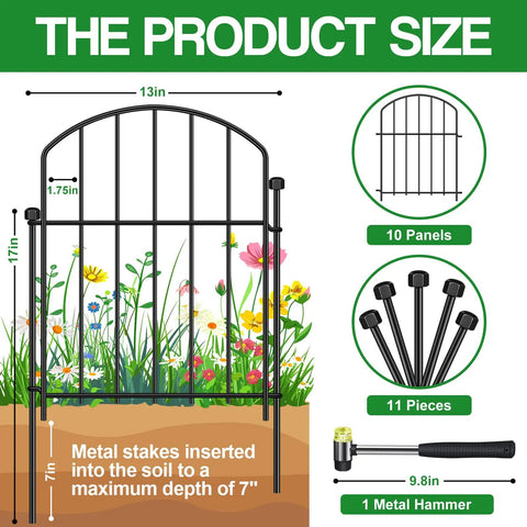 Easy No Dig Garden Fence Kit With 10 Arched Panels, Rustproof Metal Fence Panels, 17 Inch High by 12.5 Inch Wide