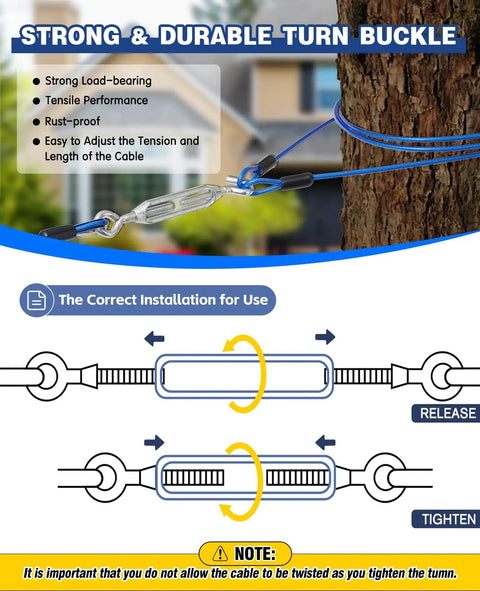 Built Tough 50 Ft Dog Aerial Zipline With Double Shock Absorption For Large Dogs showing blue cable and turnbuckle setup instructions