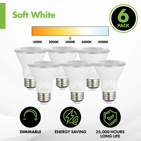 Six Pack LED PAR20 Flood Lights 5.5W 120V Dimmable Wet Location 3000K Warm White 40 Degree Flood With E26 Medium Base
