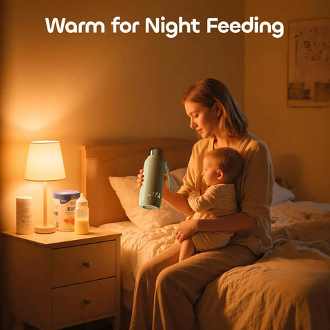 Mother heating bottle with Hit The Road Ready Bottle Warmer For Quick Breast Milk And Formula Heat On The Fly in low light bedroom.