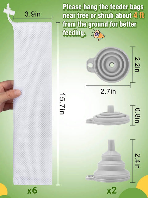 Six Pack Outdoor Sock Feeders For Thistle Seeds With Food Grade Funnels, Durable Mesh Sock Sacks For Garden And Yard Bird Feeding