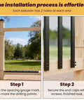 Installation steps for Rock Solid Black Aluminum Balusters 50 Pack 32 25 Inch Rust Proof Deck Spindles shown on wooden railing.