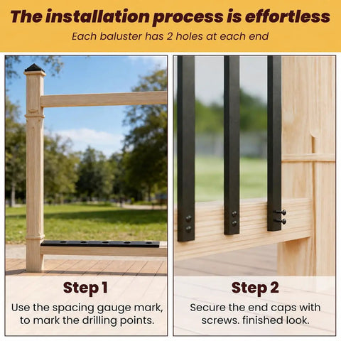 Installation steps for Rock Solid Black Aluminum Balusters 50 Pack 32 25 Inch Rust Proof Deck Spindles shown on wooden railing.