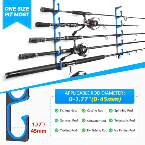 H5 Horizontal Fishing Rod And Pole Holder For Garage, Wall Or Ceiling Mounts, Aviation Aluminum Rod Organizer Holds Up To 10 Rods Or Combos, displaying different types of rods secured on a wall.