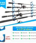 Horizontal Fishing Rod Holder Rack For Garage And Home Walls Or Ceilings Aviation Aluminum Pole Rack Holds Up To 20 Rods Or Combos displayed with various rods in blue holders