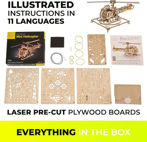 Mini Helicopter 3D Puzzle Kit For Hobbyists And Aviation Fans With Realistic Rotors And Cockpit, adjustable searchlight, plywood boards and instructions