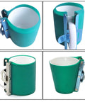 Four views of Six Pack 11 Oz 3D Sublimation Silicone Mug Wraps with stainless steel clamp, green in color, attached to white mugs.