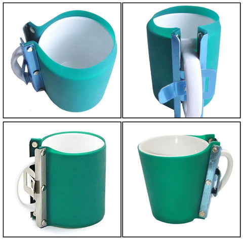 Four views of Six Pack 11 Oz 3D Sublimation Silicone Mug Wraps with stainless steel clamp, green in color, attached to white mugs.