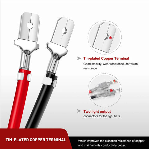 Tin-plated copper terminals in red and black for Badass Heavy Duty 2 Pack 16 Awg 10 Ft Wiring Harness Extension Kit for Led Work Light Bars.