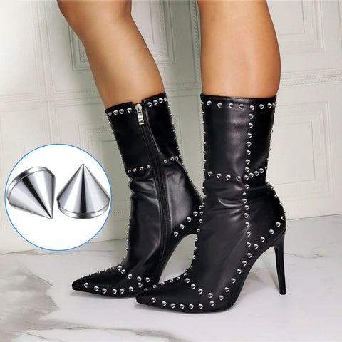 Side view of black knee-high boots with silver 8 mm bullet spike studs along edges and seams; inner side zipper
