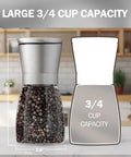Stainless Steel Salt And Pepper Grinder Set Two Pack With Glass Jars, Adjustable Ceramic Burr Mills, BPA Free, Easy Grip Shakers