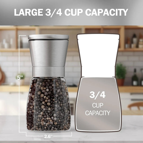 Stainless Steel Salt And Pepper Grinder Set Two Pack With Glass Jars, Adjustable Ceramic Burr Mills, BPA Free, Easy Grip Shakers