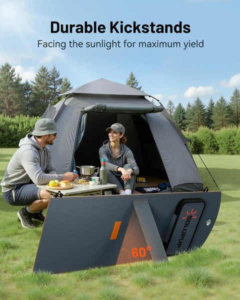 30W Portable Foldable Solar Panel Charger with USB A and USB C fast charging in front of tent, IPX5 waterproof for camping
