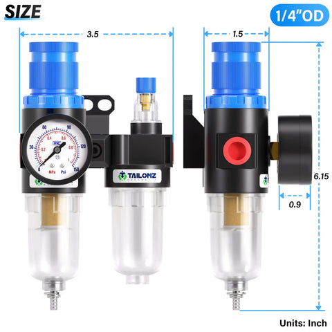 Front view of Air Filter Pressure Regulator Kit With Lubricator Cup For One Quarter Inch NPT Systems, 0-145 Psi Gauge, 5 Micron Brass Element