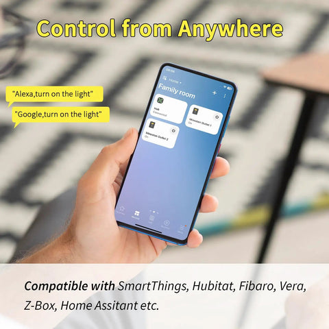 Smartphone controlling Z Wave Dual Outlet Smart Plug With Independent Sockets, Hub Required, Long Range LR Repeater For Stronger Signals