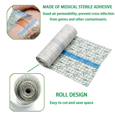 Aftercare Bandage Roll For Tattoos 8 Inch By 2 Yard Waterproof Transparent Film shows roll and application on skin.