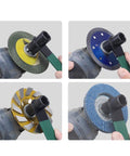 No Sweat Dual Tip Angle Grinder Wrench With Anti Slip Handle Chromium Vanadium Steel Four Claw Hex Socket Disc Change Tool in use with various discs.