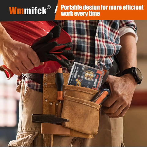 Person with tool belt holding Two Hundred Ten Piece Wood Screws Assortment Kit With Six Sizes From One Half Inch To Two Inches