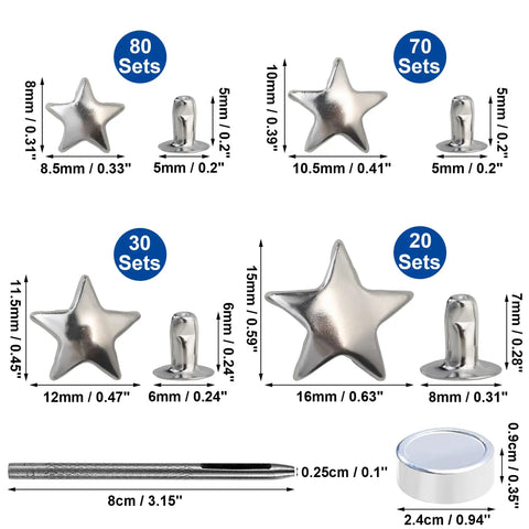 Dope 200 Sets Leather Rivets Kit With Star Studs For Leather Crafting And Repair Ideal For Jackets Shoes Bags Belts Purses And More Includes 2 Rivet Tools And Clear Storage Box showing various rivet sizes