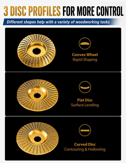 Angle Grinder Tungsten Carbide Wood Carving Disc And Polishing Pad Pro Grade Kit For Fast Wood Removal And Shaping Sanding And Stump Work Heavy Duty Grinding Attachments For Woodworking Projects, 3 disc profiles