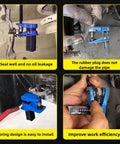 Four blue brake line clamps in use, demonstrating no oil leakage and efficient design for Universal Brake Line Clamp Kit For Most Cars.