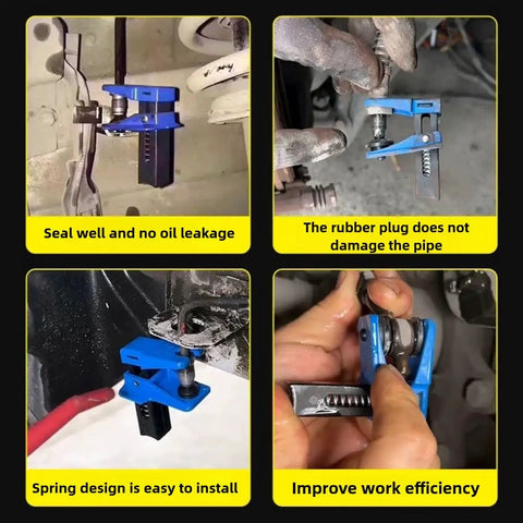 Four blue brake line clamps in use, demonstrating no oil leakage and efficient design for Universal Brake Line Clamp Kit For Most Cars.