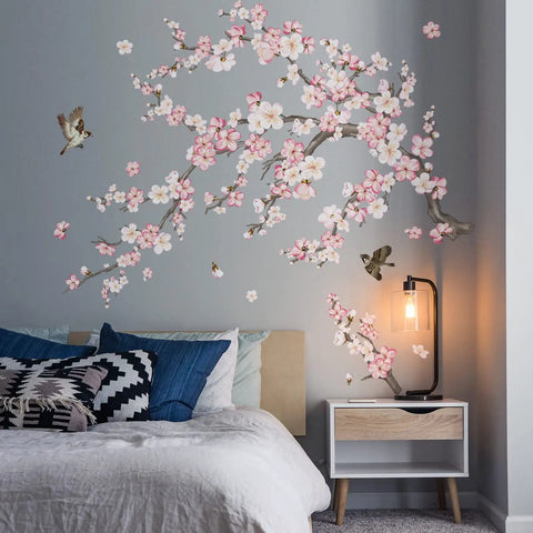 Cherry Blossom Wall Decals Set With Pink And White Flowers And Tree Branches Peel And Stick Wall Art For Living Room