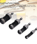 Hardwood Shop Tough Four Piece Plug Cutter Set With Hex Shank For Router Bit Holes and Clean Screw Concealment In Cabinetry Bench Work and Quick Weekend Fixes, showcasing four plug cutters with hex shanks.