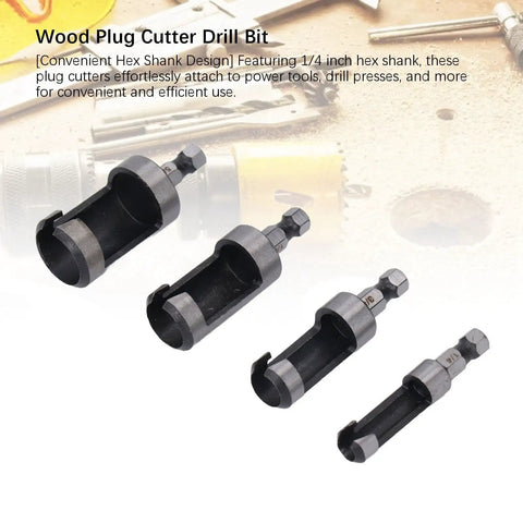 Hardwood Shop Tough Four Piece Plug Cutter Set With Hex Shank For Router Bit Holes and Clean Screw Concealment In Cabinetry Bench Work and Quick Weekend Fixes, showcasing four plug cutters with hex shanks.