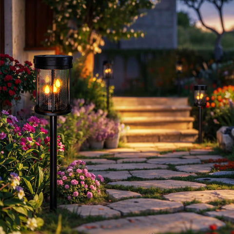 Outdoor Solar Stake Lights With Flickering Candle Lanterns For Yard And Patio 2 Pack Black Garden Pathway Lights Weatherproof