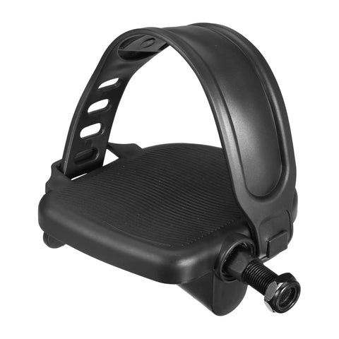 Close-up of Non Slip Indoor Bike Pedals With Straps Nine Sixteenth Inch Spindle For Exercise Bikes, black aluminum alloy body