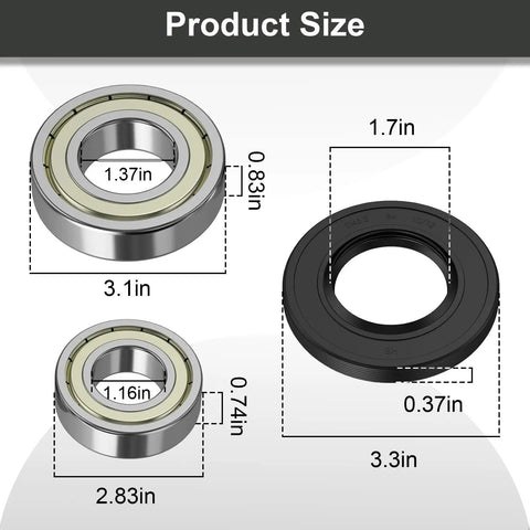 Heavy Duty Front Load Washer Bearing And Seal Kit dimensions showing sizes of two bearings and one rubber seal for easy installation.