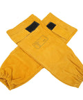 Badass Heat Resistant Cowhide Welding Sleeves Built Tough To Block Sparks Rock Solid Arm Protection For Mechanics And Daily Grind In Golden Yellow, showing adjustable closures.