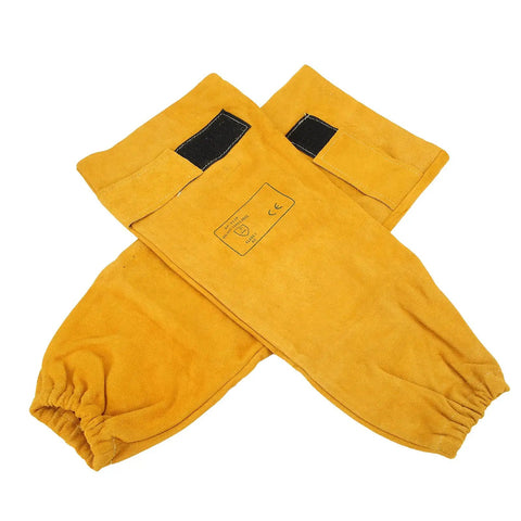 Heavy Duty Cowhide Welding Sleeves Pair Self Adhesive Arm Guards golden yellow with elastic cuffs for mechanics.