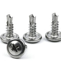 Badass 100 Pack Number 8 X Half Inch 410 Stainless Wafer Head Phillips Self Drilling Sheet Metal Tek Screws with smooth finishes.