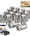 Chrome Golf Cart Lug Nuts Set 16 For EZGO And Club Car, 1/2-20 Thread, 1.40 Inch Tall, 3/4 Inch Hex with packaging and golf cart