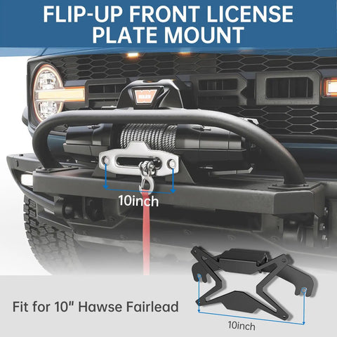 Universal Flip Up License Plate Mount For 10 Inch Hawse Fairlead Front Bumper Off Road Ready Bracket For Pickups And SUVs Compatible With Winches Rope Guides And Hook Systems, 10-inch black steel mount on bumper